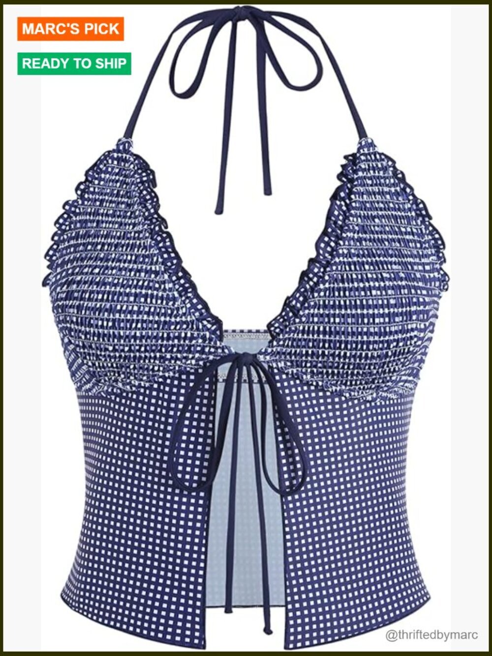 Smocked Ruffled Tie Front High Cut Tankini Top Adjustable Padded Sleeveless